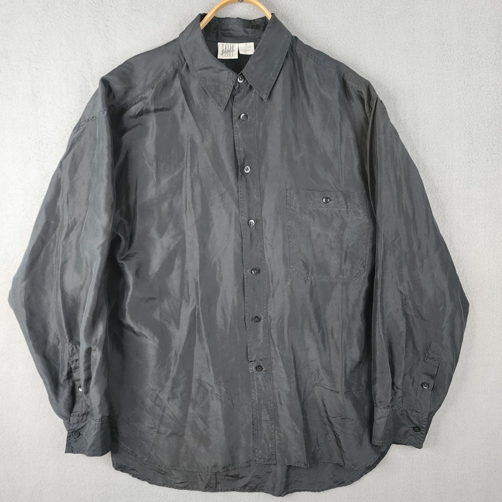 IOU Silk Shirt Mens M Black Long Sleeve Button Down Vintage Minimalist 100% Silk